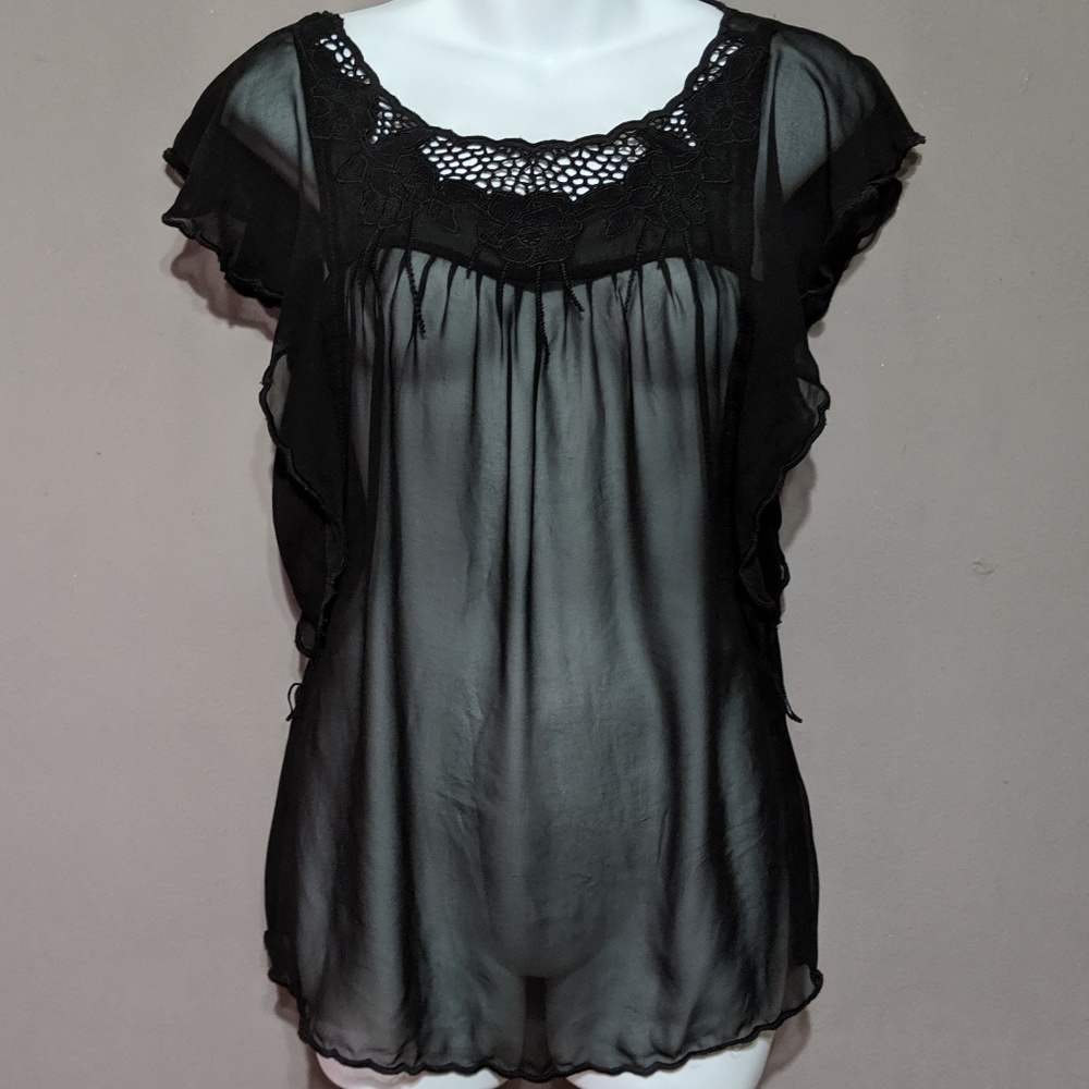 Black sheer shirt with lace design
